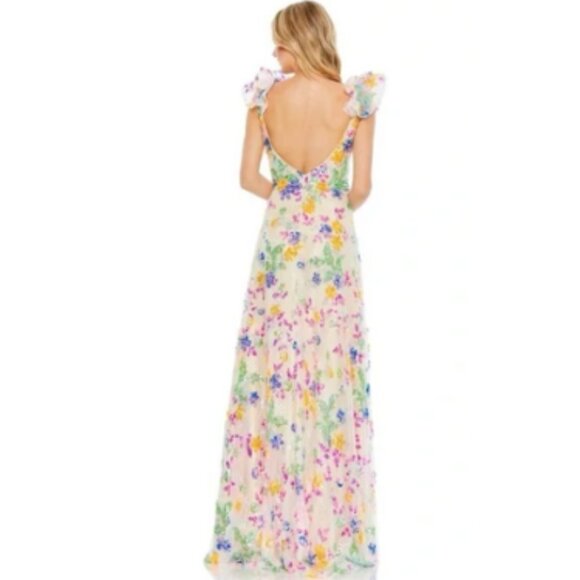 Mac Duggal Multicolor Floral Sequin Embellished Ruffle Sleeve Gown 14 NWT - Picture 2 of 11